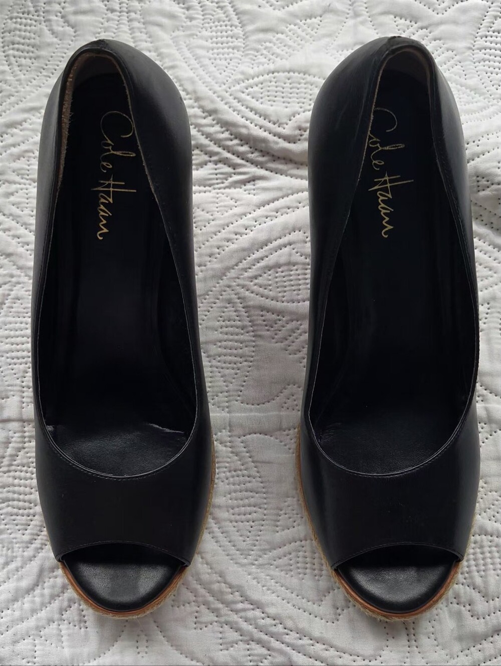 Cole Haan Womens Black Leather Cork Wedge Espadrilles -Sz 8.5